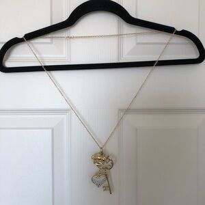 Gold Key & Crown Pendant Necklace with Rhinestone Heart